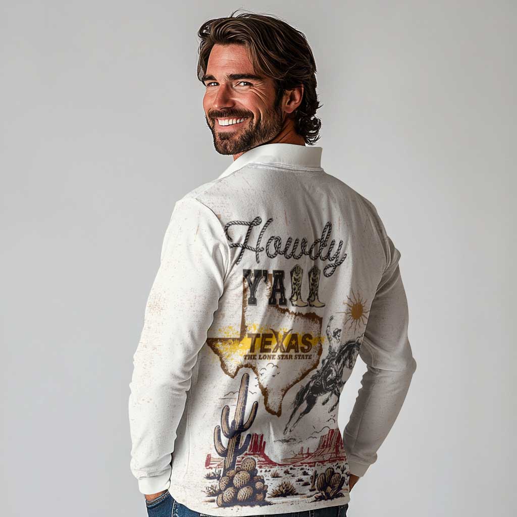 Texas Heritage Vintage Style Long Sleeve Polo Shirt Howdy Y’all and Lone Star State - Wonder Print Shop