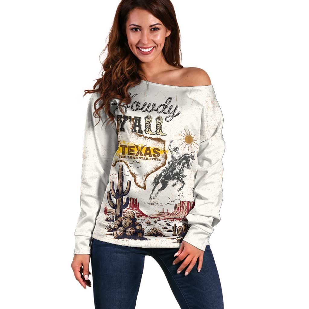 Texas Heritage Vintage Style Off Shoulder Sweater Howdy Y’all and Lone Star State - Wonder Print Shop