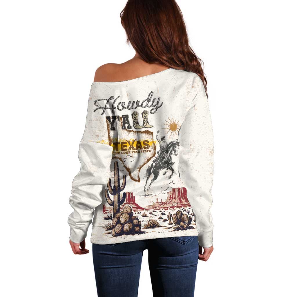 Texas Heritage Vintage Style Off Shoulder Sweater Howdy Y’all and Lone Star State - Wonder Print Shop