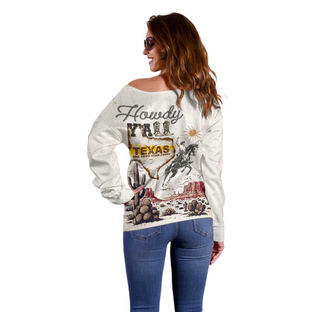 Texas Heritage Vintage Style Off Shoulder Sweater Howdy Y’all and Lone Star State - Wonder Print Shop