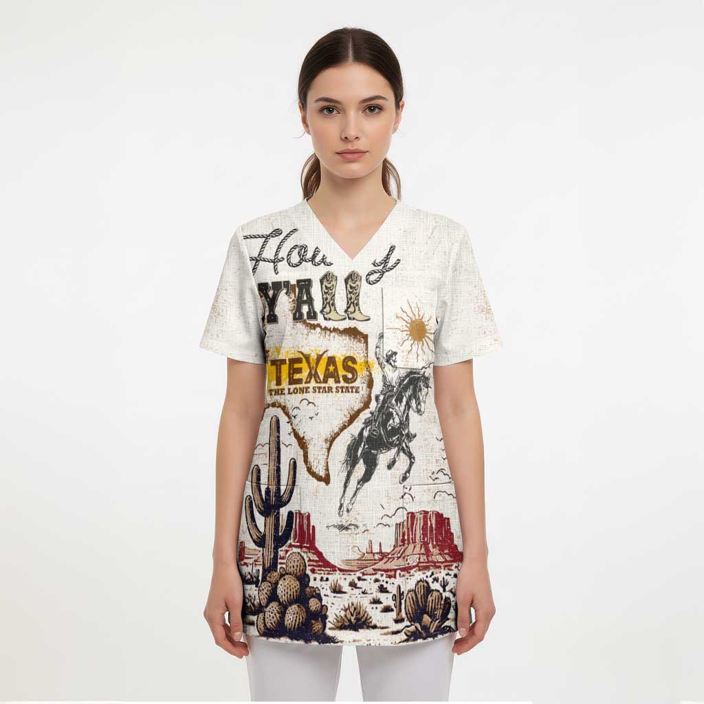 Texas Heritage Vintage Style Scrub Top Howdy Y’all and Lone Star State - Wonder Print Shop