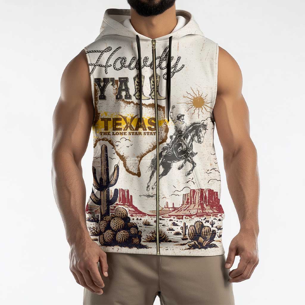 Texas Heritage Vintage Style Sleeveless Zip Hoodie Howdy Y’all and Lone Star State - Wonder Print Shop