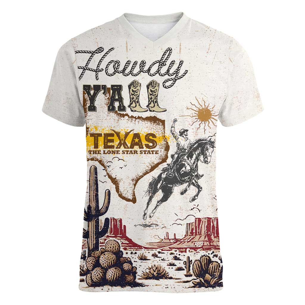Texas Heritage Vintage Style Women V-Neck T-Shirt Howdy Y’all and Lone Star State - Wonder Print Shop
