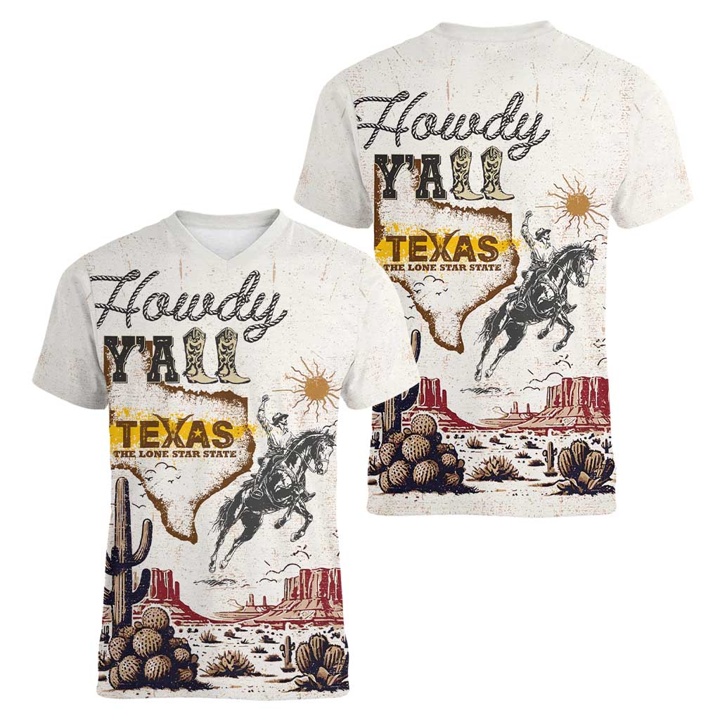 Texas Heritage Vintage Style Women V-Neck T-Shirt Howdy Y’all and Lone Star State - Wonder Print Shop