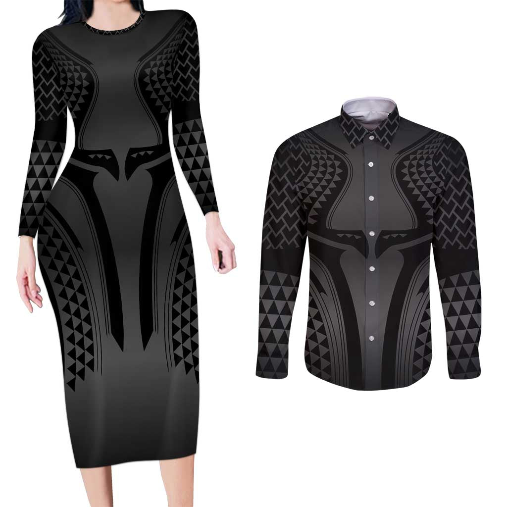 Hawaiian Kakau Art Tattoos Aquaman Style Couples Matching Long Sleeve Bodycon Dress and Long Sleeve Button Shirt Special Edition - Wonder Print Shop