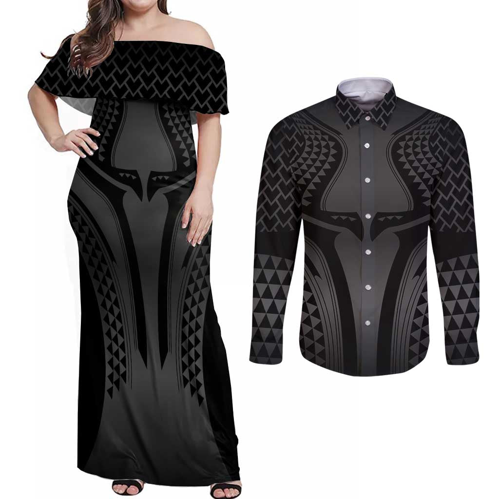 Hawaiian Kakau Art Tattoos Aquaman Style Couples Matching Off Shoulder Maxi Dress and Long Sleeve Button Shirt Special Edition - Wonder Print Shop