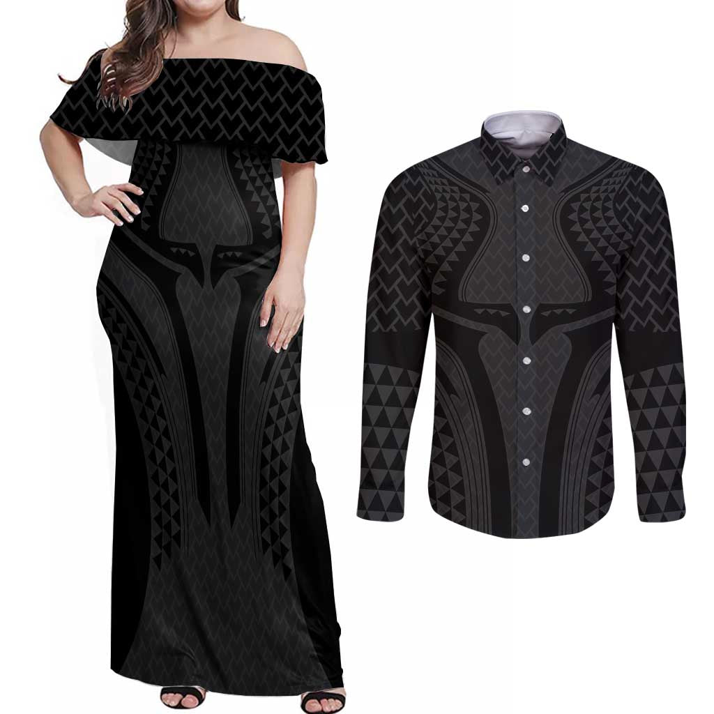 Hawaiian Kakau Art Tattoos Aquaman Style Couples Matching Off Shoulder Maxi Dress and Long Sleeve Button Shirt Black Version - Wonder Print Shop