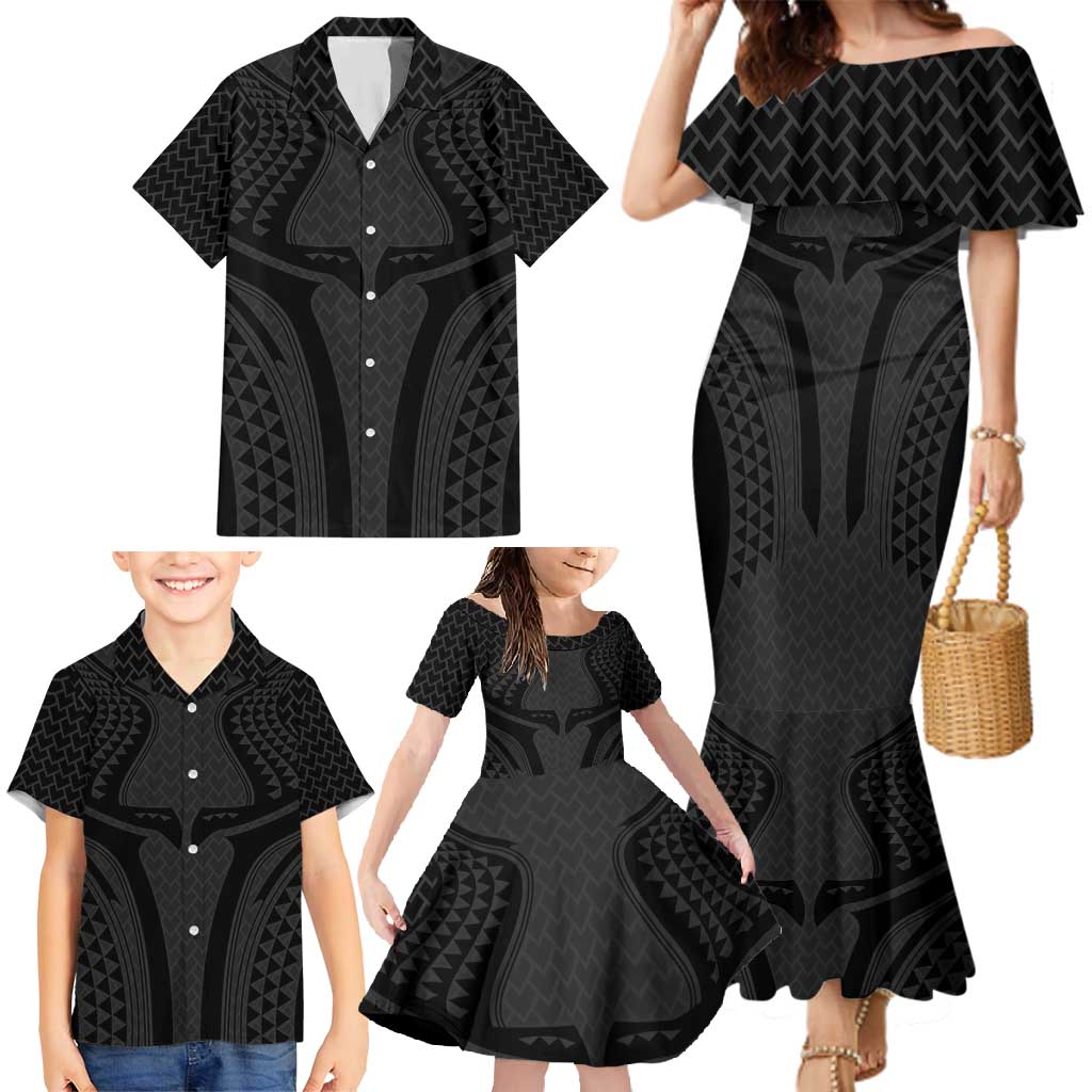 Hawaiian Kakau Art Tattoos Aquaman Style Family Matching Mermaid Dress and Hawaiian Shirt Black Version - Wonder Print Shop