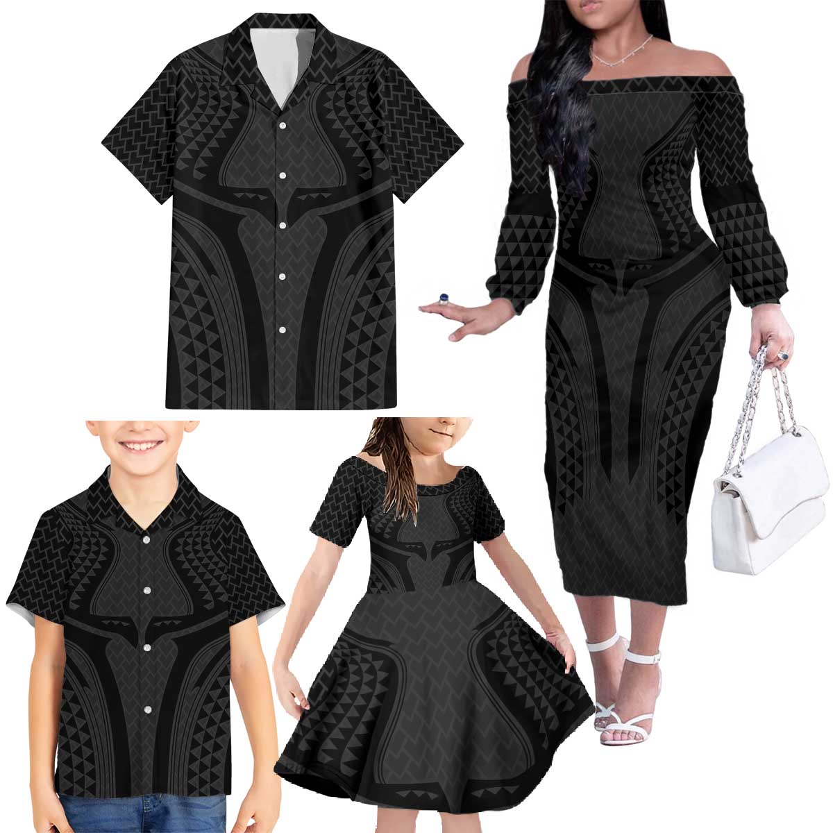 Hawaiian Kakau Art Tattoos Aquaman Style Family Matching Off The Shoulder Long Sleeve Dress and Hawaiian Shirt Black Version - Wonder Print Shop