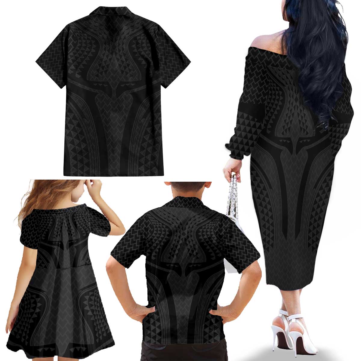 Hawaiian Kakau Art Tattoos Aquaman Style Family Matching Off The Shoulder Long Sleeve Dress and Hawaiian Shirt Black Version - Wonder Print Shop