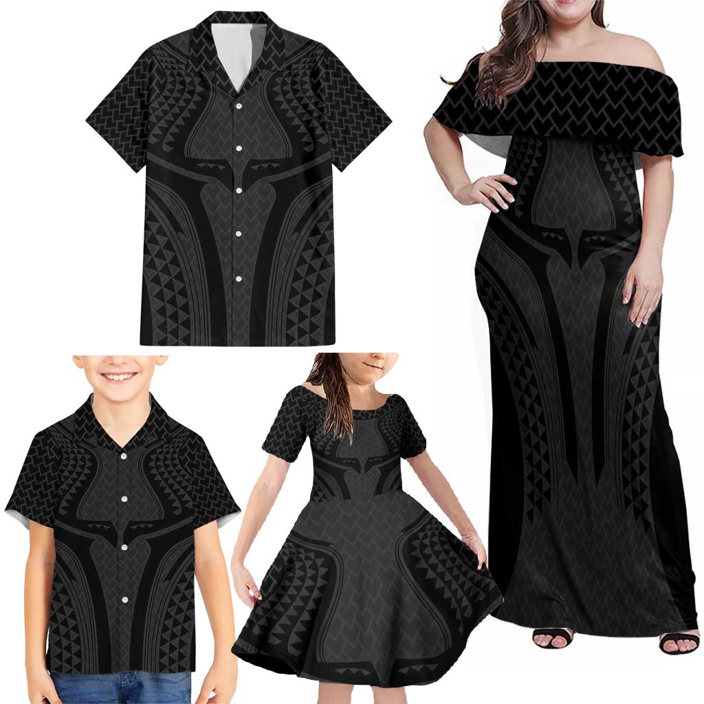 Hawaiian Kakau Art Tattoos Aquaman Style Family Matching Off Shoulder Maxi Dress and Hawaiian Shirt Black Version - Wonder Print Shop