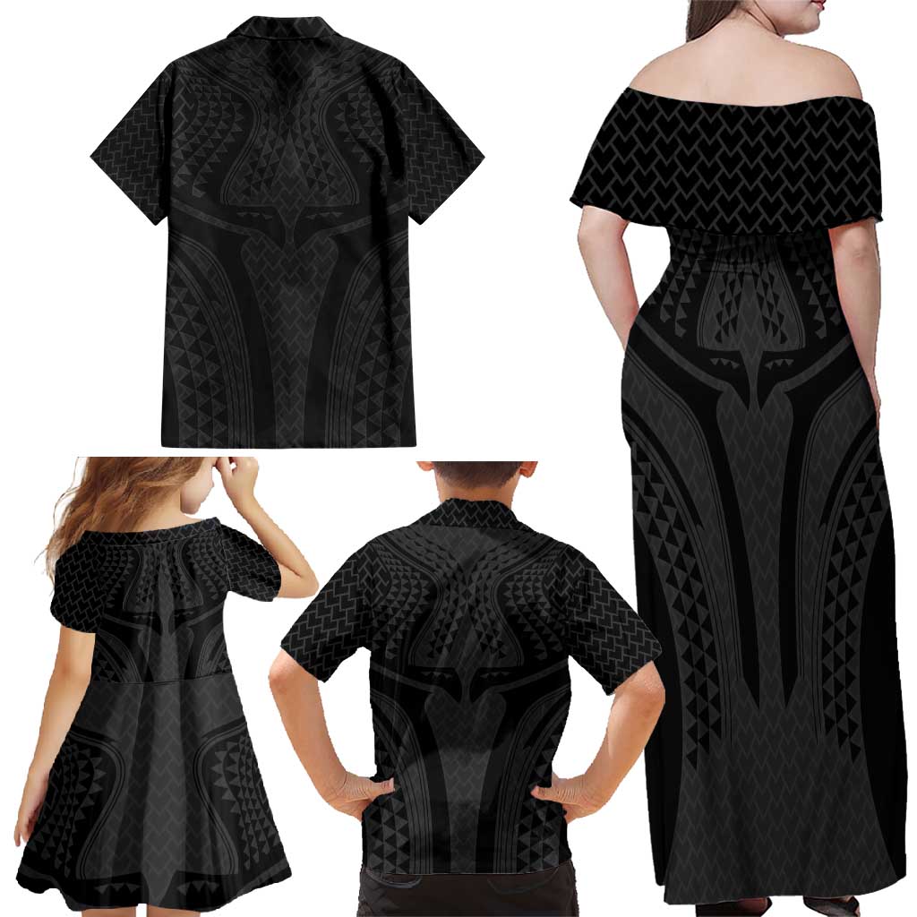 Hawaiian Kakau Art Tattoos Aquaman Style Family Matching Off Shoulder Maxi Dress and Hawaiian Shirt Black Version - Wonder Print Shop