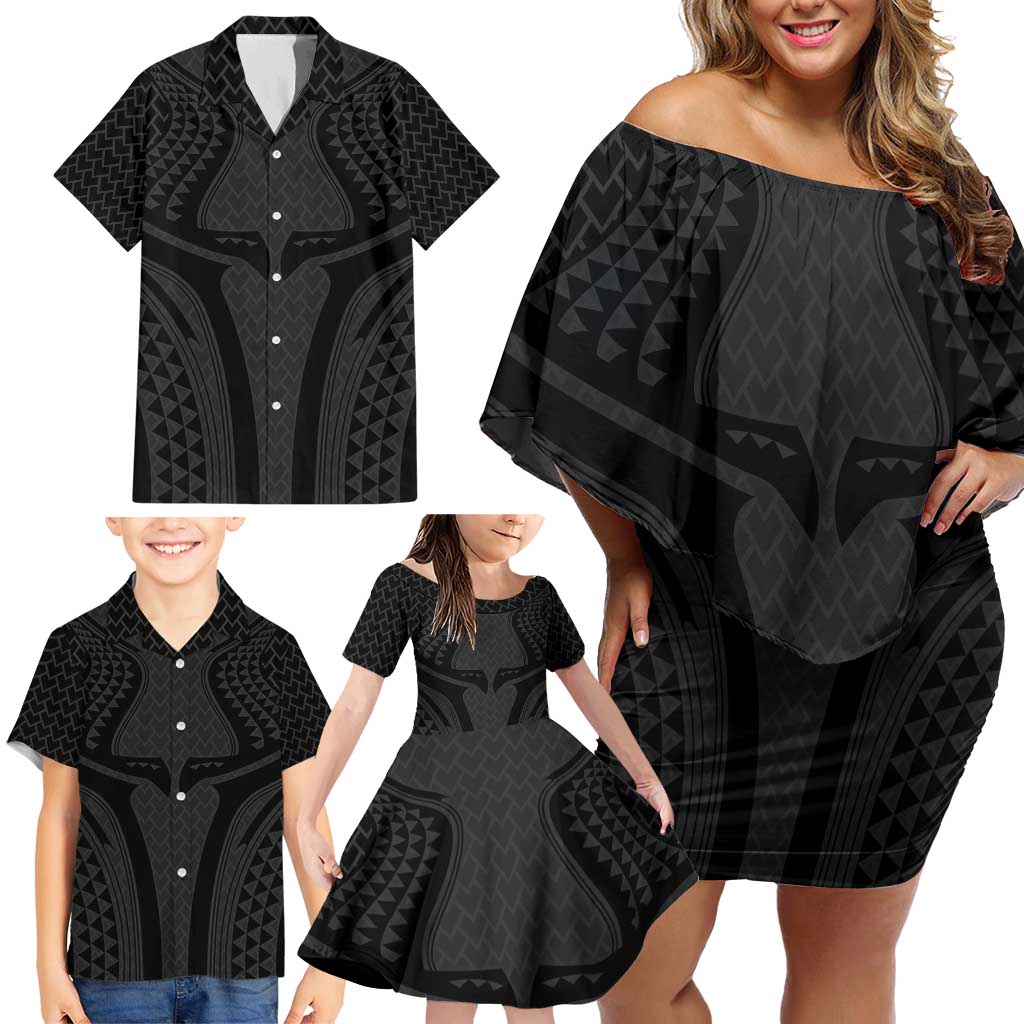 Hawaiian Kakau Art Tattoos Aquaman Style Family Matching Off Shoulder Short Dress and Hawaiian Shirt Black Version - Wonder Print Shop