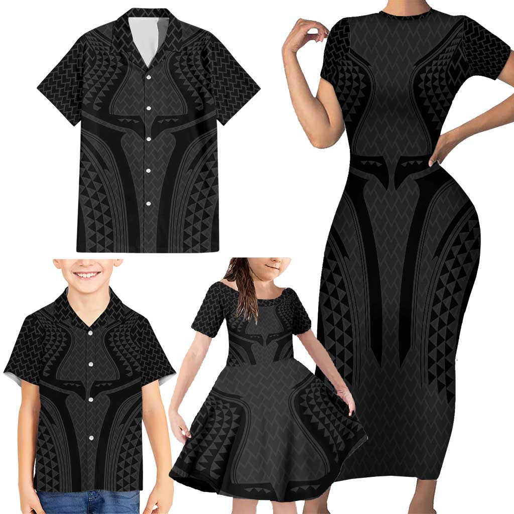 Hawaiian Kakau Art Tattoos Aquaman Style Family Matching Short Sleeve Bodycon Dress and Hawaiian Shirt Black Version - Wonder Print Shop