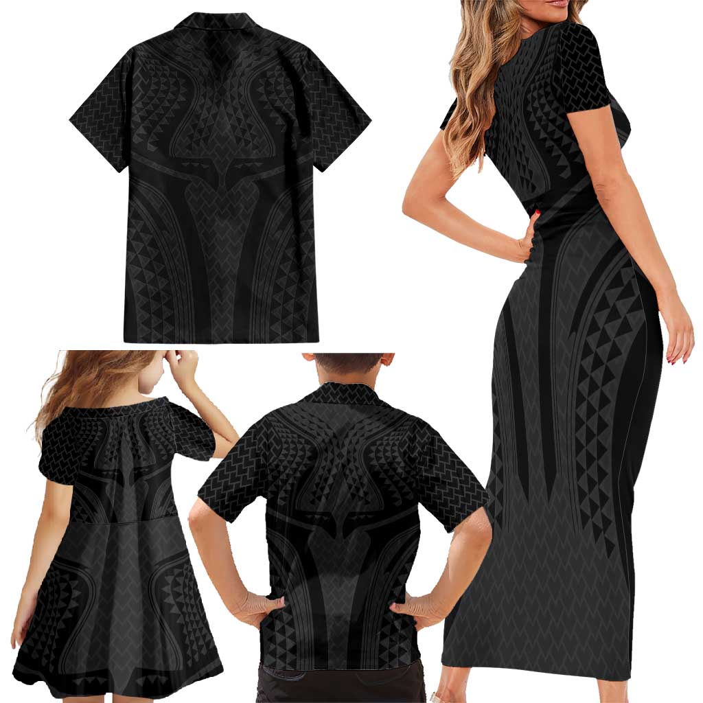 Hawaiian Kakau Art Tattoos Aquaman Style Family Matching Short Sleeve Bodycon Dress and Hawaiian Shirt Black Version - Wonder Print Shop