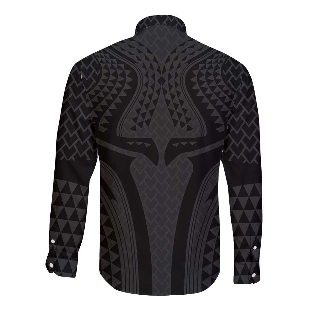 Hawaiian Kakau Art Tattoos Aquaman Style Long Sleeve Button Shirt Black Version - Wonder Print Shop