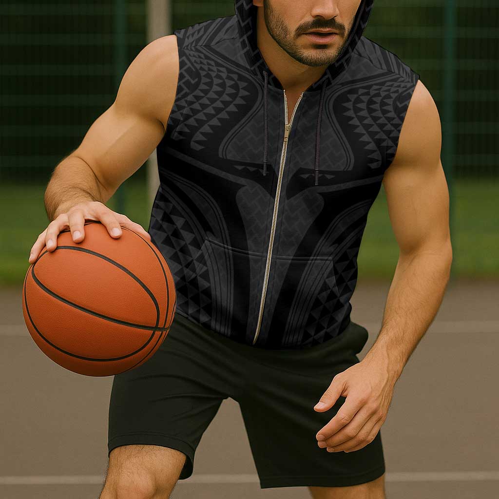 Hawaiian Kakau Art Tattoos Aquaman Style Sleeveless Zip Hoodie Black Version - Wonder Print Shop