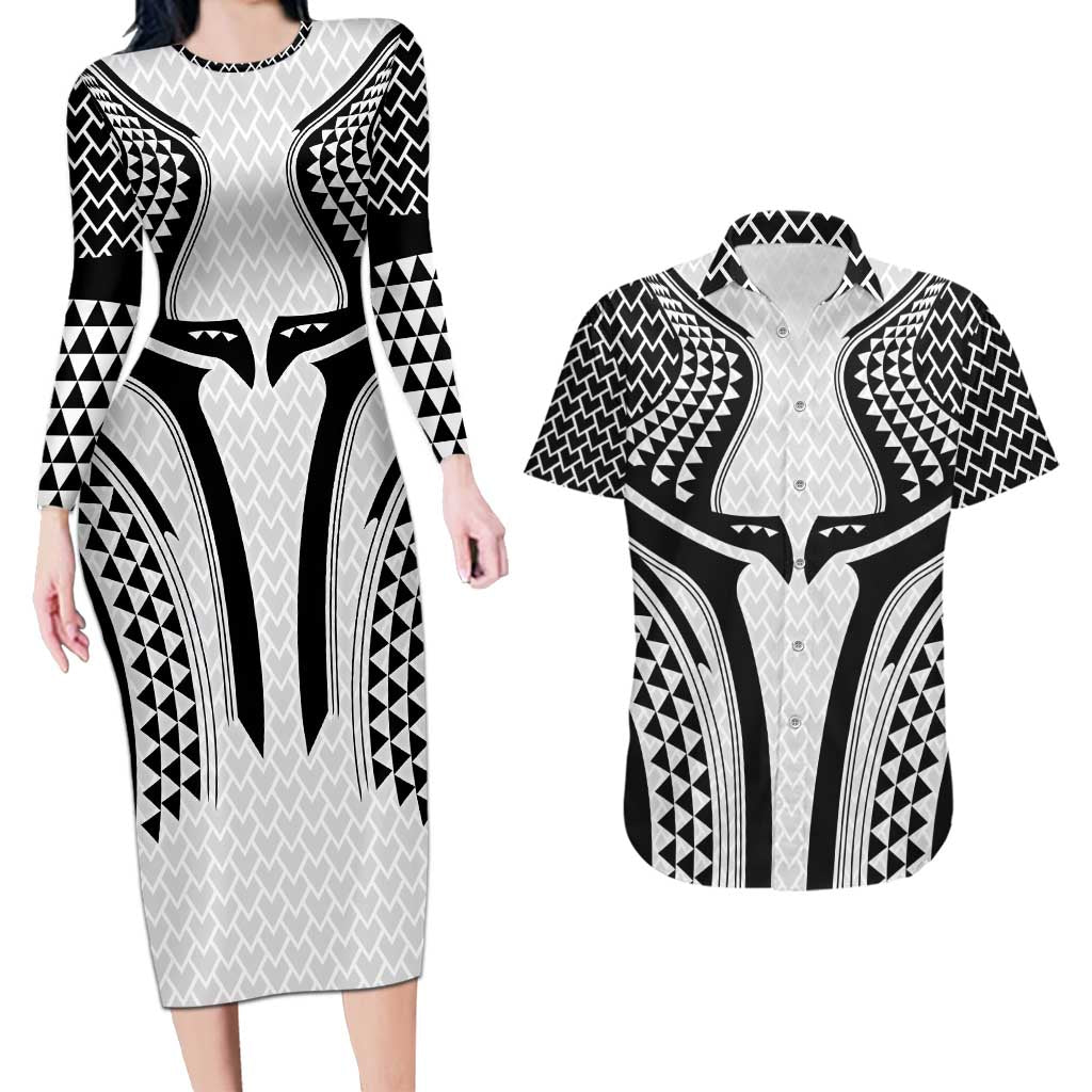 Hawaiian Kakau Art Tattoos Aquaman Style Couples Matching Long Sleeve Bodycon Dress and Hawaiian Shirt White Version - Wonder Print Shop