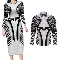 Hawaiian Kakau Art Tattoos Aquaman Style Couples Matching Long Sleeve Bodycon Dress and Long Sleeve Button Shirt White Version - Wonder Print Shop