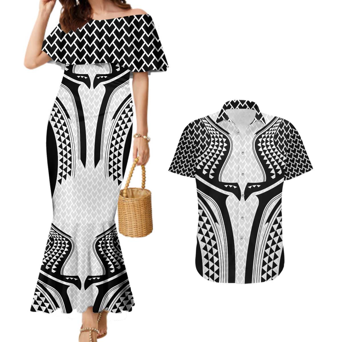Hawaiian Kakau Art Tattoos Aquaman Style Couples Matching Mermaid Dress and Hawaiian Shirt White Version - Wonder Print Shop