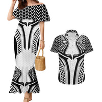 Hawaiian Kakau Art Tattoos Aquaman Style Couples Matching Mermaid Dress and Hawaiian Shirt White Version - Wonder Print Shop