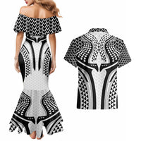 Hawaiian Kakau Art Tattoos Aquaman Style Couples Matching Mermaid Dress and Hawaiian Shirt White Version - Wonder Print Shop