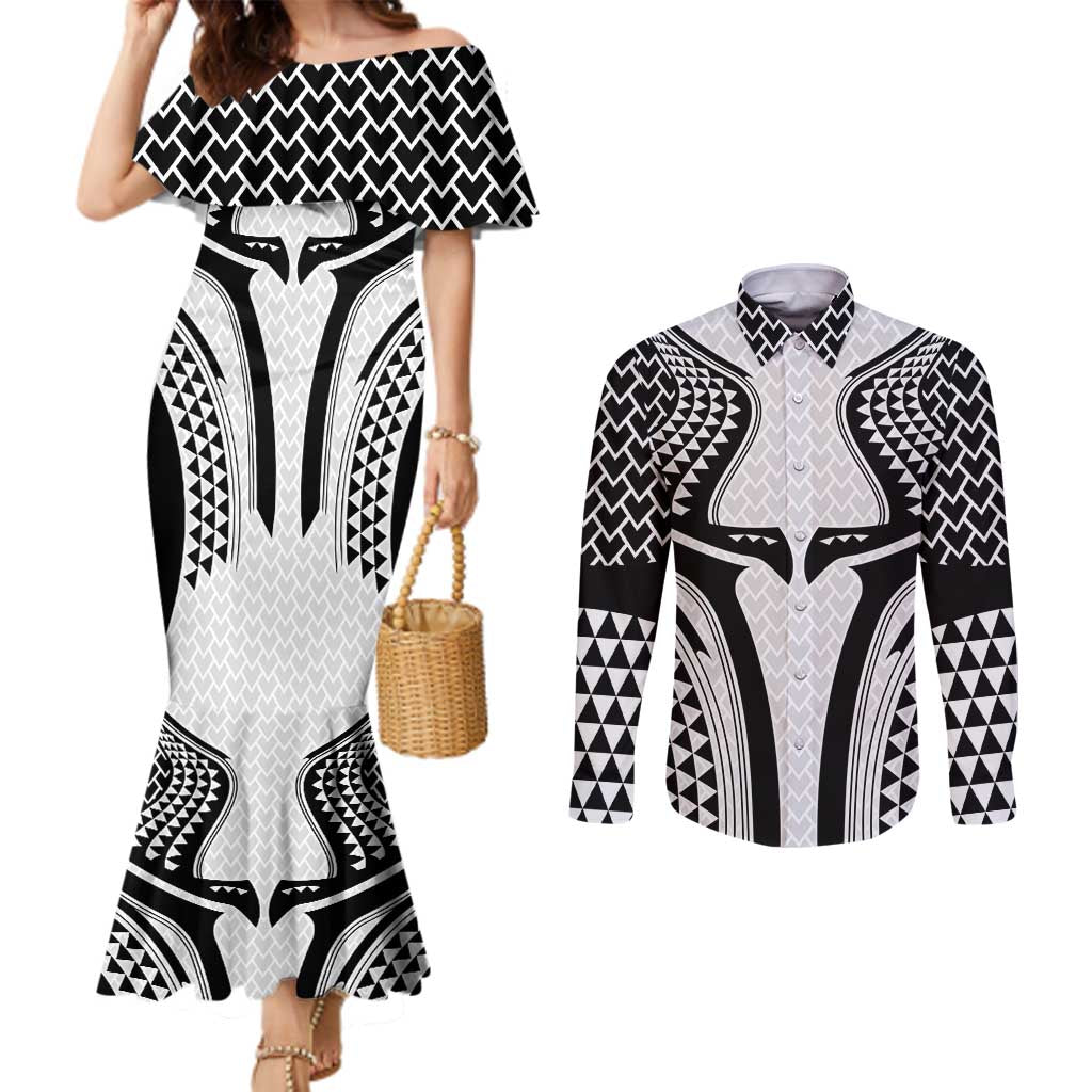 Hawaiian Kakau Art Tattoos Aquaman Style Couples Matching Mermaid Dress and Long Sleeve Button Shirt White Version - Wonder Print Shop