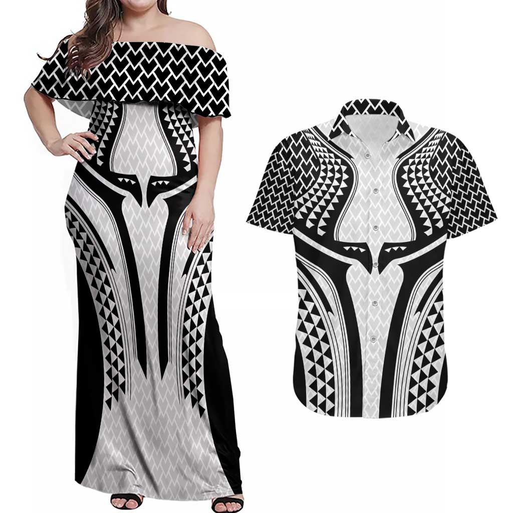 Hawaiian Kakau Art Tattoos Aquaman Style Couples Matching Off Shoulder Maxi Dress and Hawaiian Shirt White Version - Wonder Print Shop