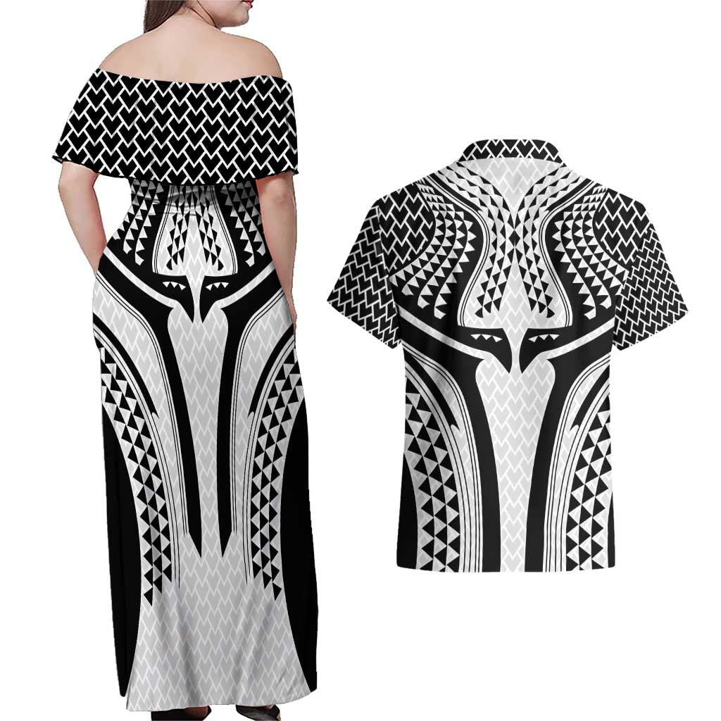 Hawaiian Kakau Art Tattoos Aquaman Style Couples Matching Off Shoulder Maxi Dress and Hawaiian Shirt White Version - Wonder Print Shop