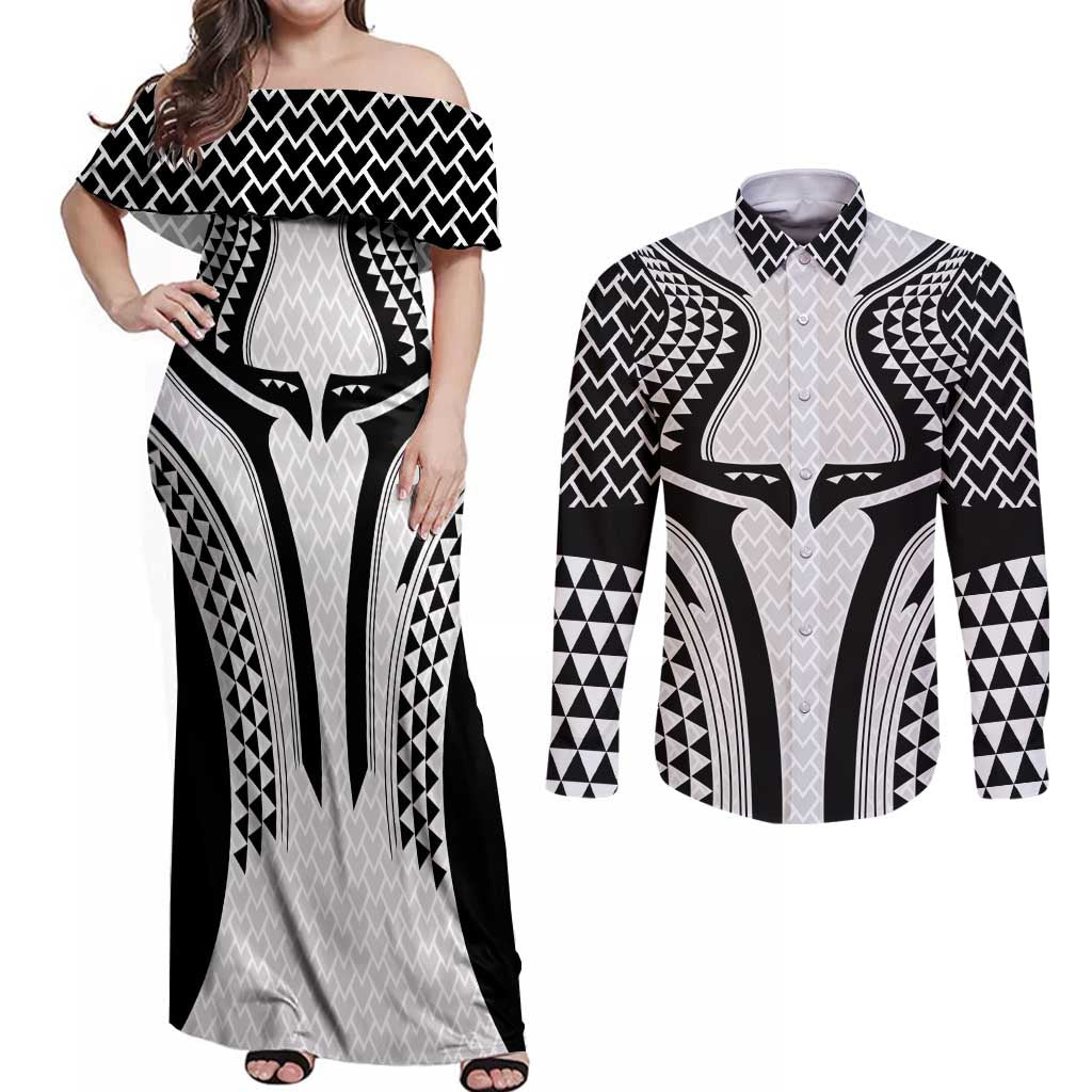 Hawaiian Kakau Art Tattoos Aquaman Style Couples Matching Off Shoulder Maxi Dress and Long Sleeve Button Shirt White Version - Wonder Print Shop