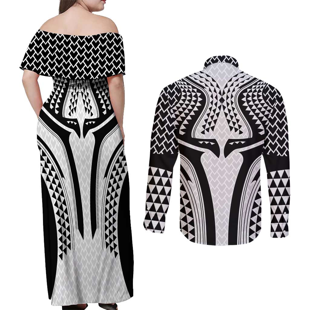 Hawaiian Kakau Art Tattoos Aquaman Style Couples Matching Off Shoulder Maxi Dress and Long Sleeve Button Shirt White Version - Wonder Print Shop