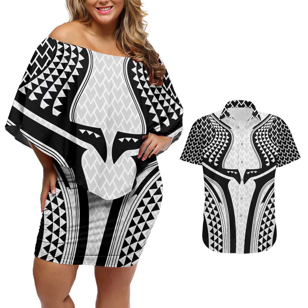 Hawaiian Kakau Art Tattoos Aquaman Style Couples Matching Off Shoulder Short Dress and Hawaiian Shirt White Version - Wonder Print Shop