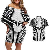 Hawaiian Kakau Art Tattoos Aquaman Style Couples Matching Off Shoulder Short Dress and Hawaiian Shirt White Version - Wonder Print Shop