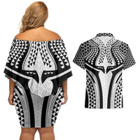 Hawaiian Kakau Art Tattoos Aquaman Style Couples Matching Off Shoulder Short Dress and Hawaiian Shirt White Version - Wonder Print Shop