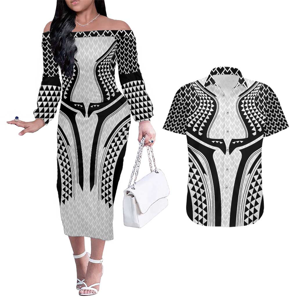 Hawaiian Kakau Art Tattoos Aquaman Style Couples Matching Off The Shoulder Long Sleeve Dress and Hawaiian Shirt White Version - Wonder Print Shop