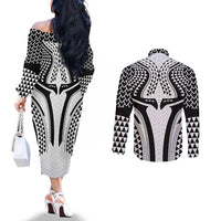 Hawaiian Kakau Art Tattoos Aquaman Style Couples Matching Off The Shoulder Long Sleeve Dress and Long Sleeve Button Shirt White Version - Wonder Print Shop