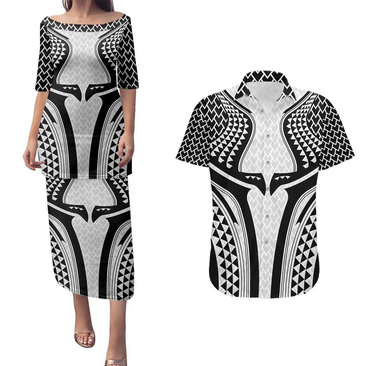 Hawaiian Kakau Art Tattoos Aquaman Style Couples Matching Puletasi and Hawaiian Shirt White Version - Wonder Print Shop