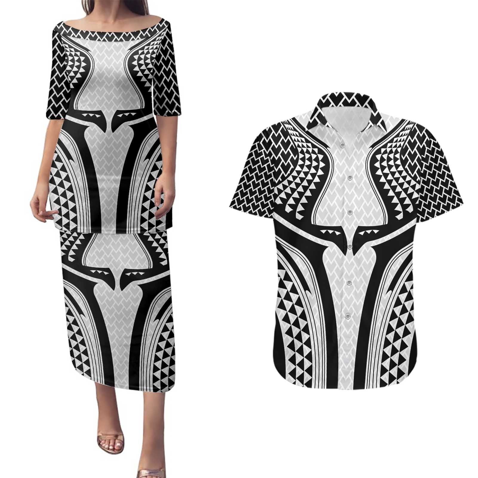 Hawaiian Kakau Art Tattoos Aquaman Style Couples Matching Puletasi and Hawaiian Shirt White Version - Wonder Print Shop