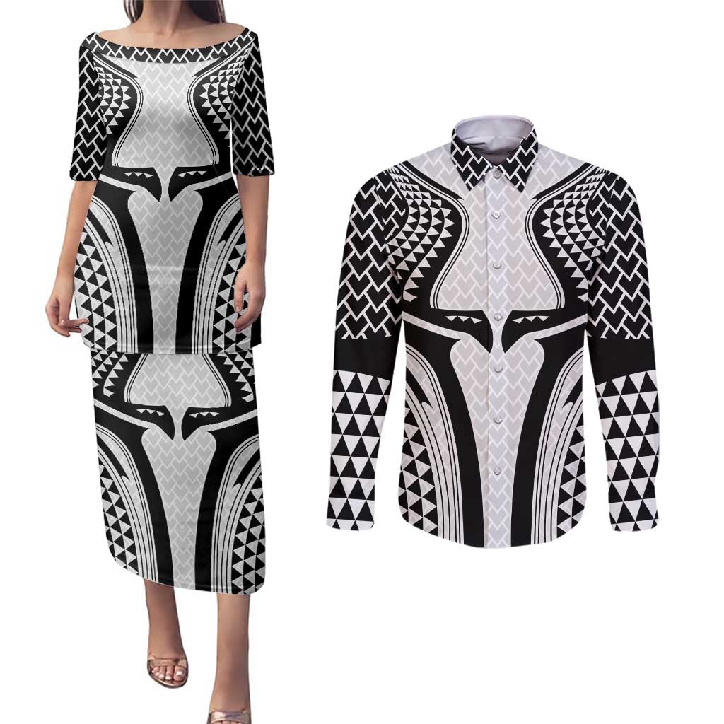 Hawaiian Kakau Art Tattoos Aquaman Style Couples Matching Puletasi and Long Sleeve Button Shirt White Version - Wonder Print Shop