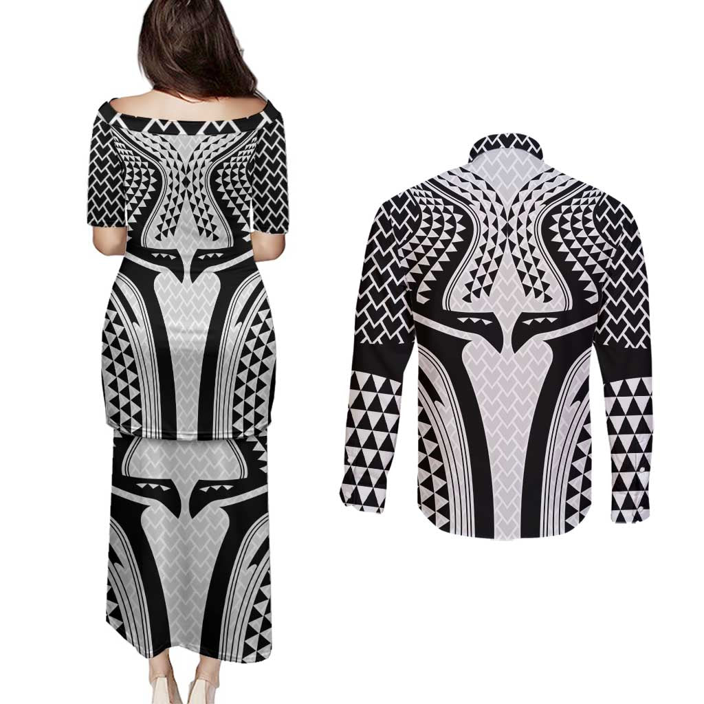 Hawaiian Kakau Art Tattoos Aquaman Style Couples Matching Puletasi and Long Sleeve Button Shirt White Version - Wonder Print Shop