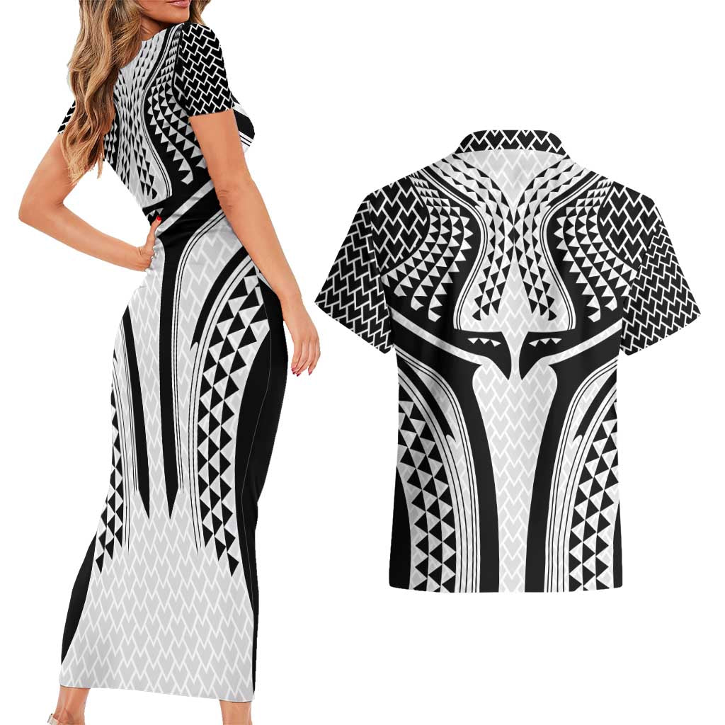 Hawaiian Kakau Art Tattoos Aquaman Style Couples Matching Short Sleeve Bodycon Dress and Hawaiian Shirt White Version - Wonder Print Shop