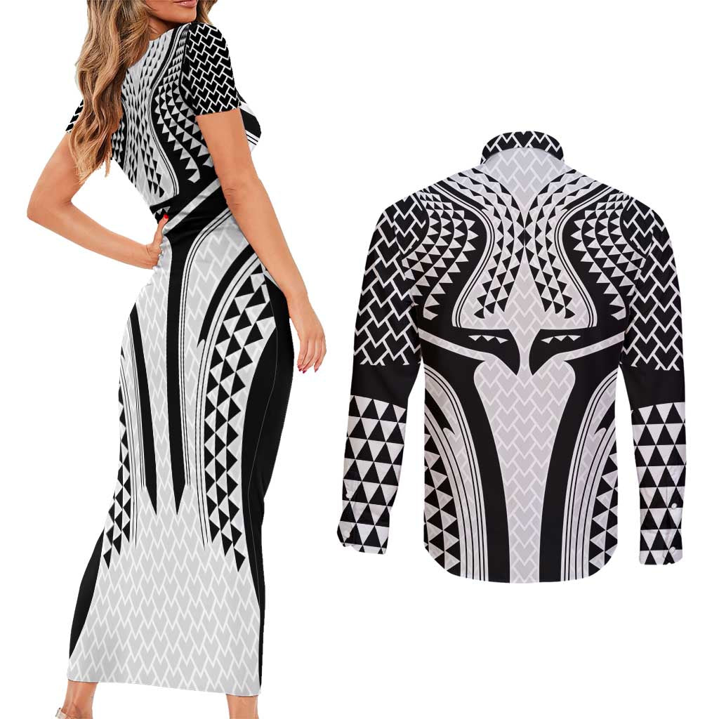 Hawaiian Kakau Art Tattoos Aquaman Style Couples Matching Short Sleeve Bodycon Dress and Long Sleeve Button Shirt White Version - Wonder Print Shop