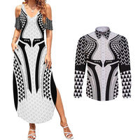 Hawaiian Kakau Art Tattoos Aquaman Style Couples Matching Summer Maxi Dress and Long Sleeve Button Shirt White Version - Wonder Print Shop