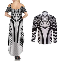 Hawaiian Kakau Art Tattoos Aquaman Style Couples Matching Summer Maxi Dress and Long Sleeve Button Shirt White Version - Wonder Print Shop