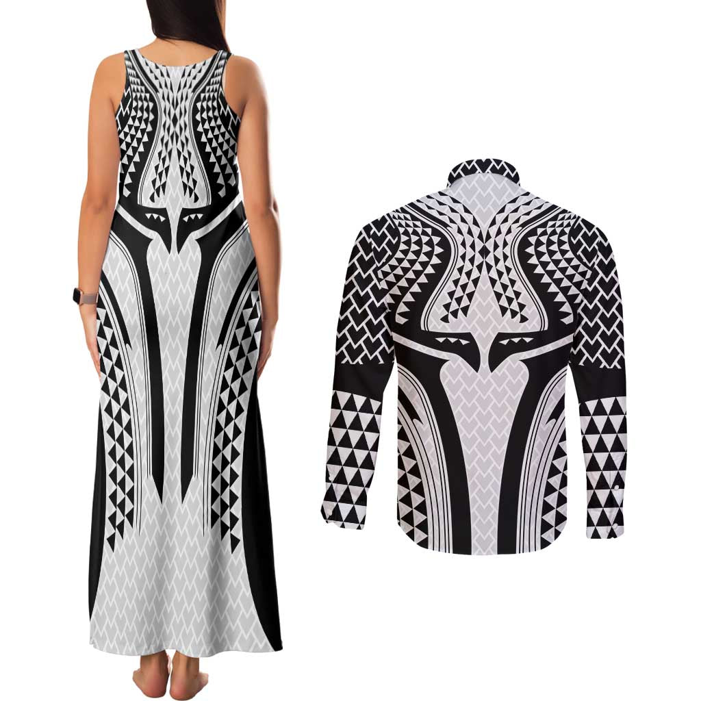 Hawaiian Kakau Art Tattoos Aquaman Style Couples Matching Tank Maxi Dress and Long Sleeve Button Shirt White Version - Wonder Print Shop