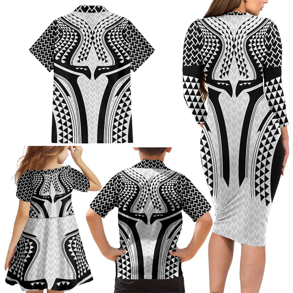 Hawaiian Kakau Art Tattoos Aquaman Style Family Matching Long Sleeve Bodycon Dress and Hawaiian Shirt White Version - Wonder Print Shop