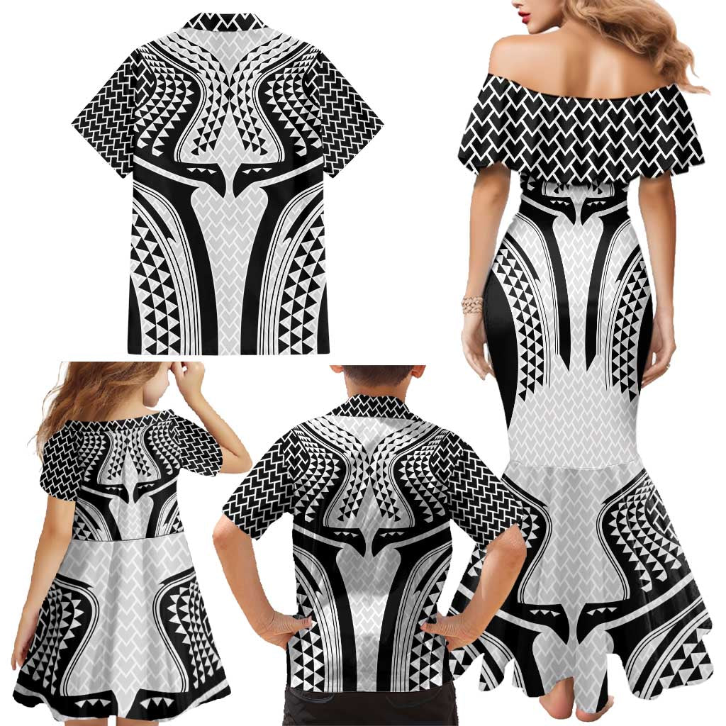 Hawaiian Kakau Art Tattoos Aquaman Style Family Matching Mermaid Dress and Hawaiian Shirt White Version - Wonder Print Shop