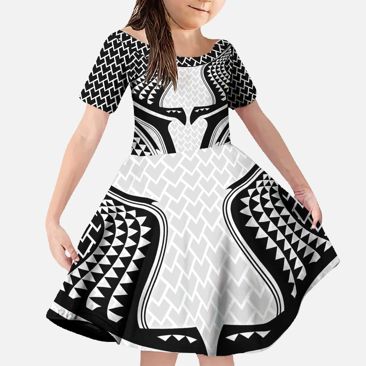 Hawaiian Kakau Art Tattoos Aquaman Style Family Matching Off The Shoulder Long Sleeve Dress and Hawaiian Shirt White Version - Wonder Print Shop