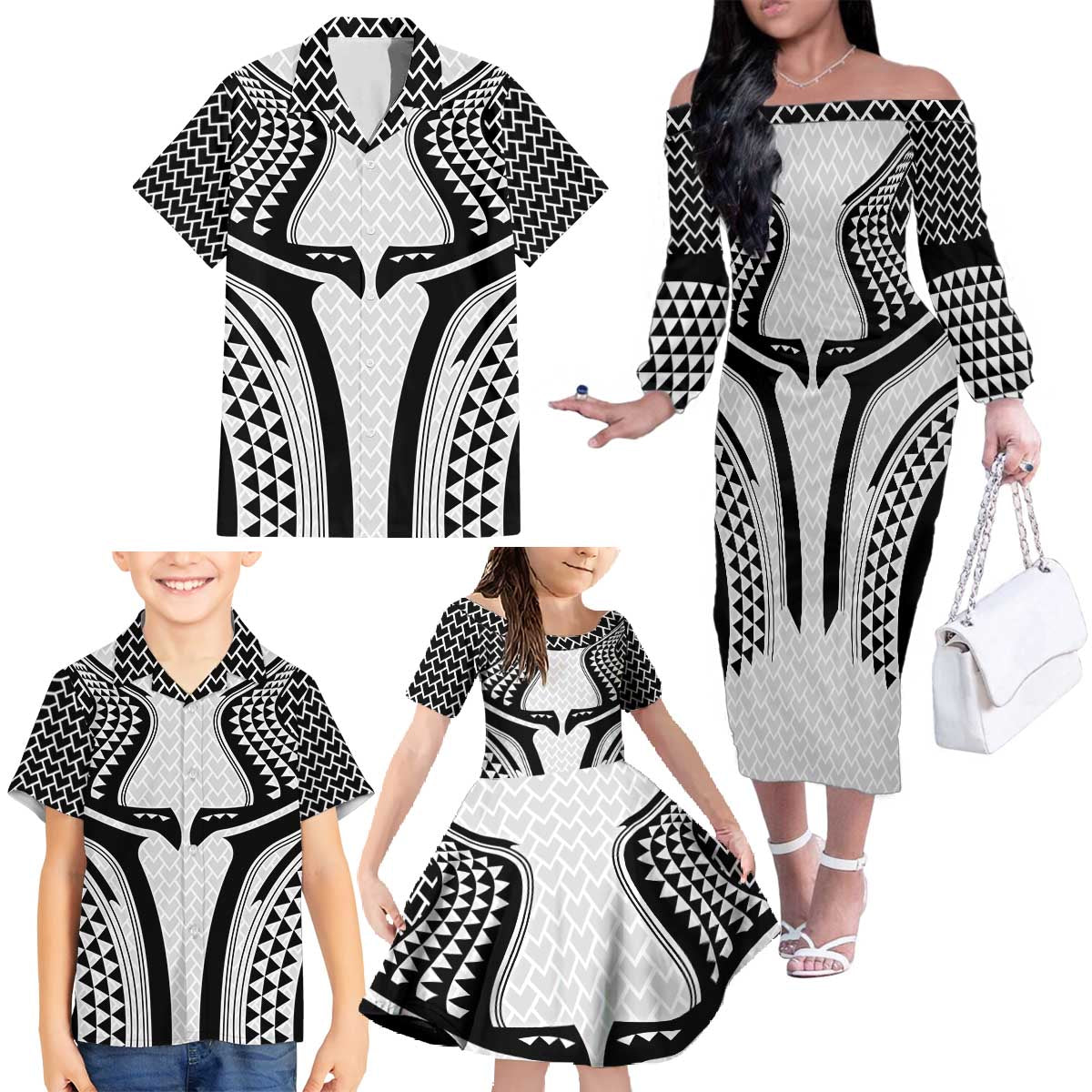 Hawaiian Kakau Art Tattoos Aquaman Style Family Matching Off The Shoulder Long Sleeve Dress and Hawaiian Shirt White Version - Wonder Print Shop
