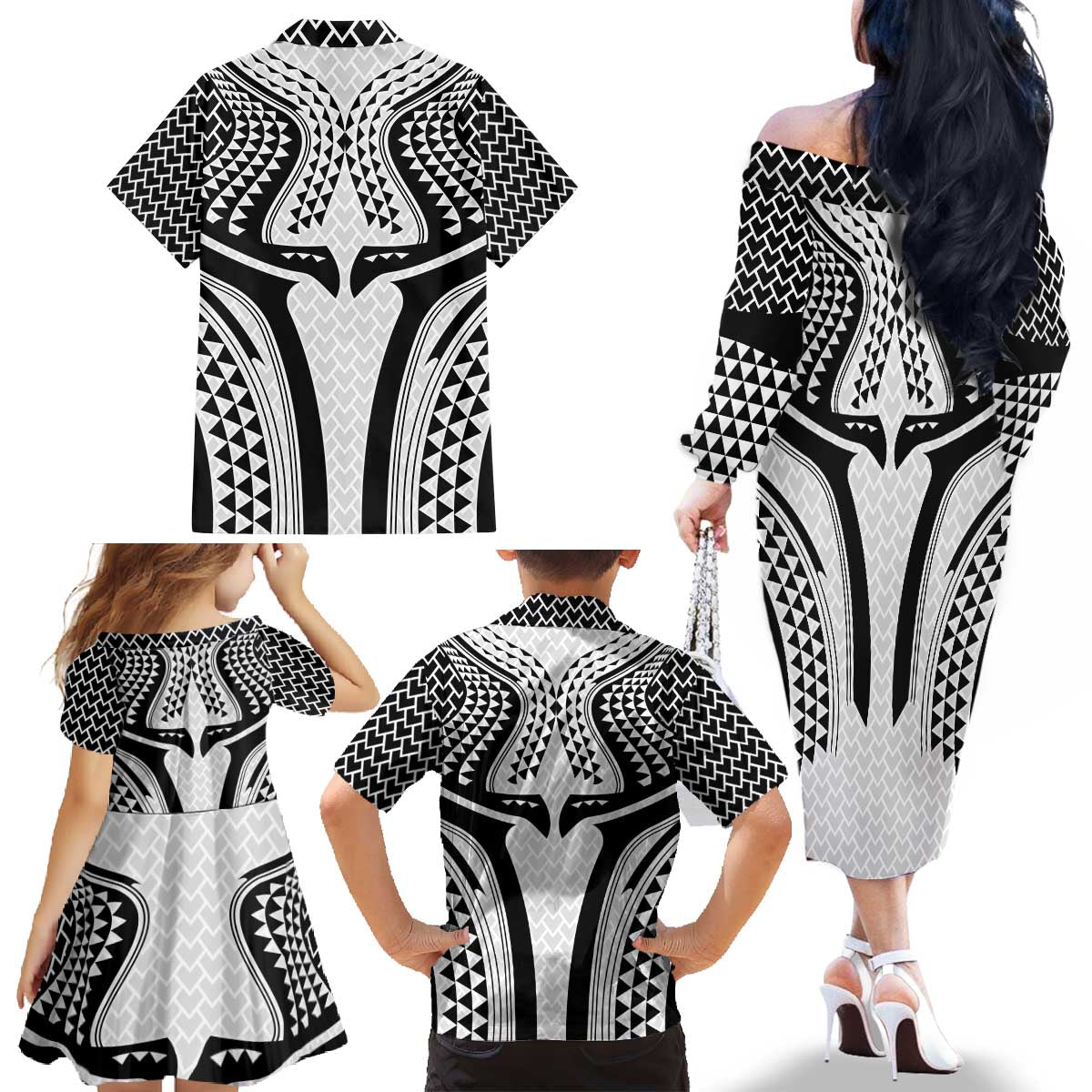 Hawaiian Kakau Art Tattoos Aquaman Style Family Matching Off The Shoulder Long Sleeve Dress and Hawaiian Shirt White Version - Wonder Print Shop